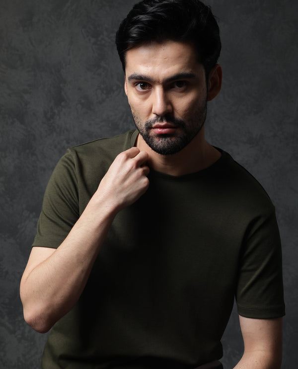 Rare Rabbit Men's Gis Olive Cotton Fabric Crew Neck Half Sleeves Regular Fit Solid T-Shirt