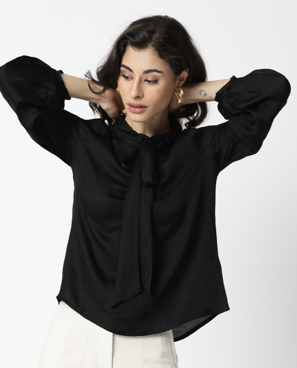 Rareism Women Sleek Black Top Full Sleeves Solid Top