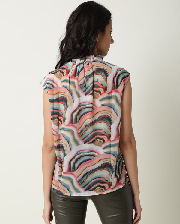 Rareism Women Colette Multi Polyester Fabric Regular Fit High Neck Sleeveless Abstract Print Top