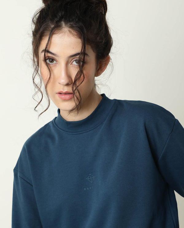 Rareism Women Necker Petrol  Relaxed Fit Full Sleeves Solid High Neck Sweatshirt