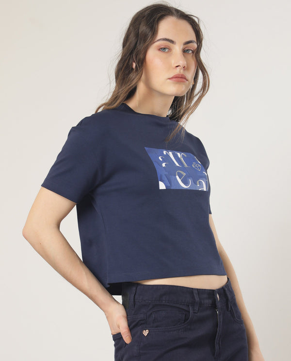 Rareism Women Iolet Blue Cotton Fabric Short Sleeves Crew Neck Regular Fit Graphic Print T-Shirt