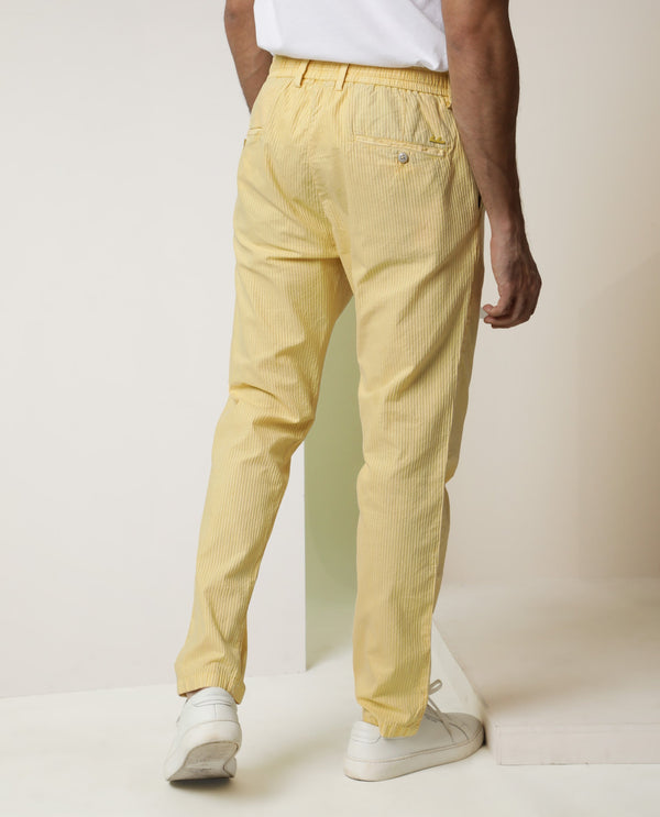 Rare Rabbit Men's Monter Mustard Stripe Dobby Mid-Rise With Drawstring And Elastic Waistband Regular Fit Trouser