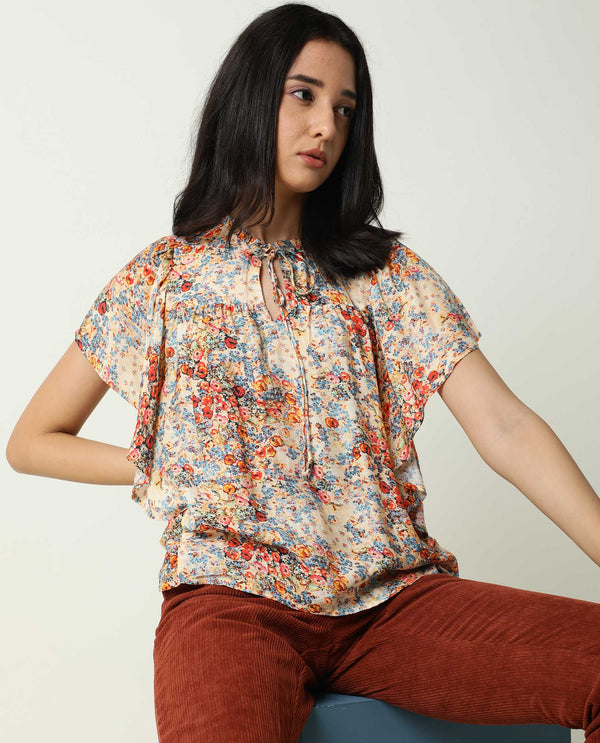 Rareism Women Nigel Off White Cotton Silk Fabric Relaxed Fit Tie-Up Neck Half Sleeves Floral Print Top