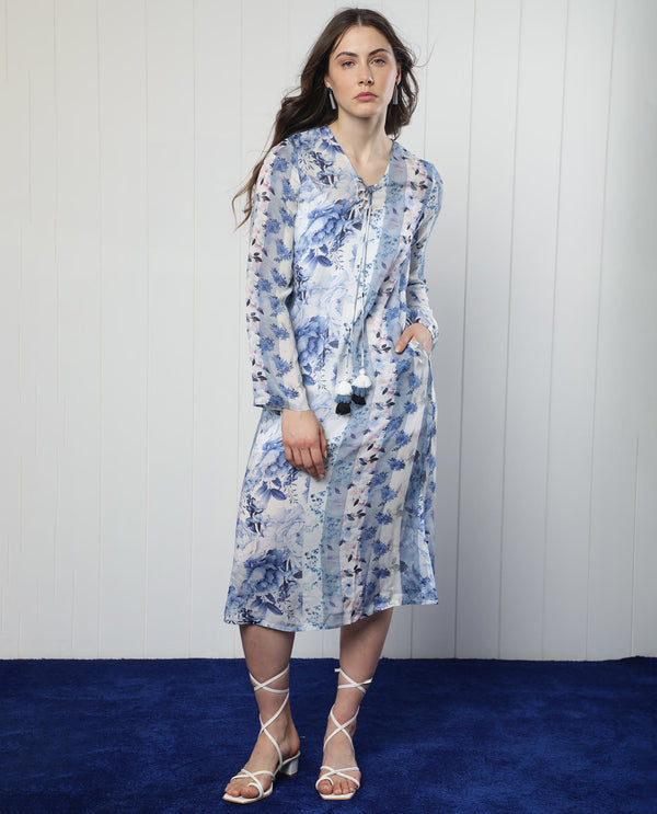 Rareism Women Shay Light Blue Modal Fabric 3/4Th Sleeves Tie-Up Closure Tie-Up Neck Relaxed Fit Floral Print Knee Length Shrug