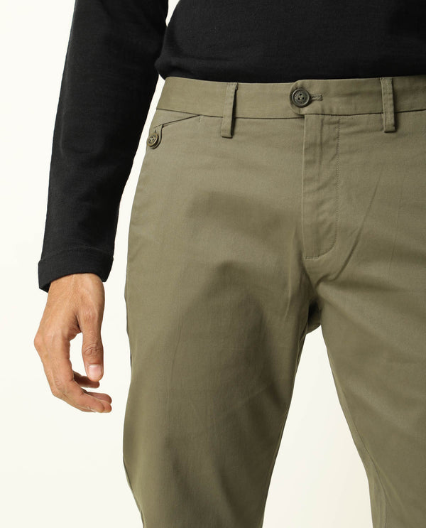 Rare Rabbit Men's Jacob Dark Olive Cotton Polyester Fabric Mid-Rise Regular Fit Twill Trouser