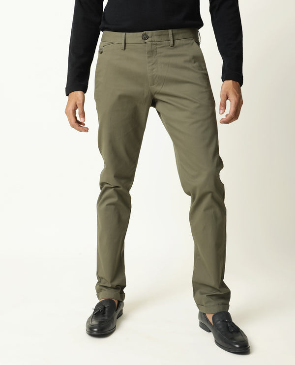 Rare Rabbit Men's Jacob Dark Olive Cotton Polyester Fabric Mid-Rise Regular Fit Twill Trouser