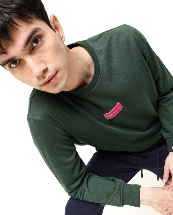 Rare Rabbit Men's Velveto Green Cotton Polyester Fabric Full Sleeves Velvet Branding Knit Sweatshirt
