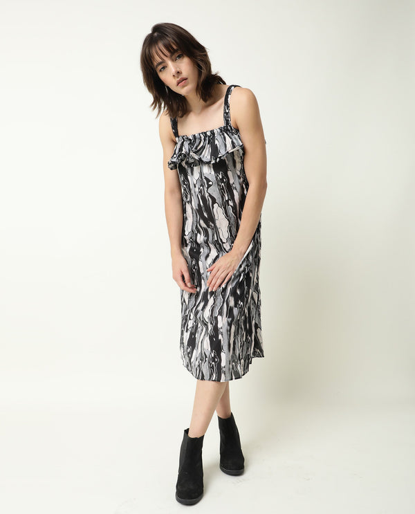 Rareism Women Darling Black Abstract Print Broad Shoulder Straps Ruffled Square Neck Midi Dress