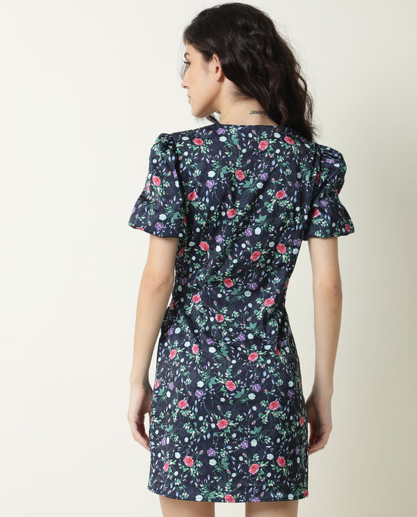 Rareism Women Diego Navy Floral Print Half Sleeve With Puff Mini Dress