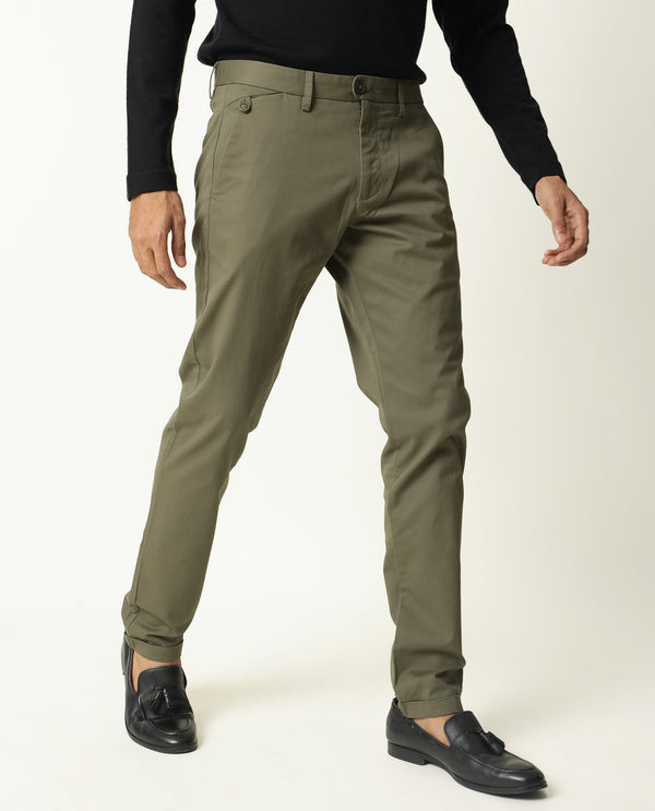 Rare Rabbit Men's Jacob Dark Olive Cotton Polyester Fabric Mid-Rise Regular Fit Twill Trouser