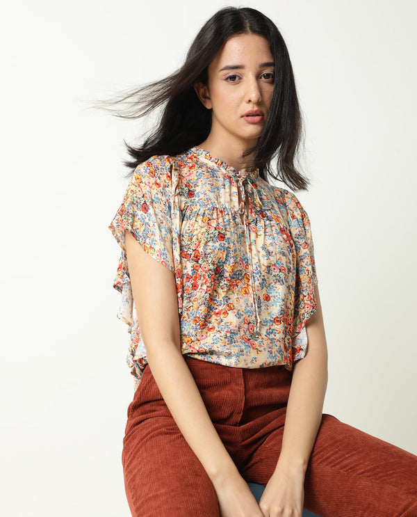 Rareism Women Nigel Off White Cotton Silk Fabric Relaxed Fit Tie-Up Neck Half Sleeves Floral Print Top
