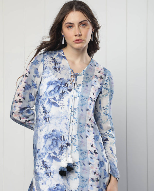 Rareism Women Shay Light Blue Modal Fabric 3/4Th Sleeves Tie-Up Closure Tie-Up Neck Relaxed Fit Floral Print Knee Length Shrug