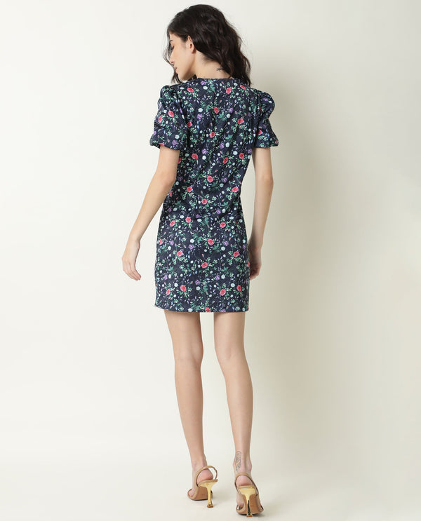 Rareism Women Diego Navy Floral Print Half Sleeve With Puff Mini Dress