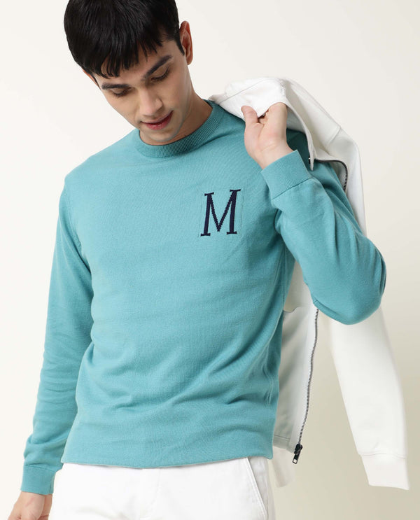 Rare Rabbit Men'S Alba Blue Cotton Fabric Round Neck Full Sleeves Regular Fit Pullover