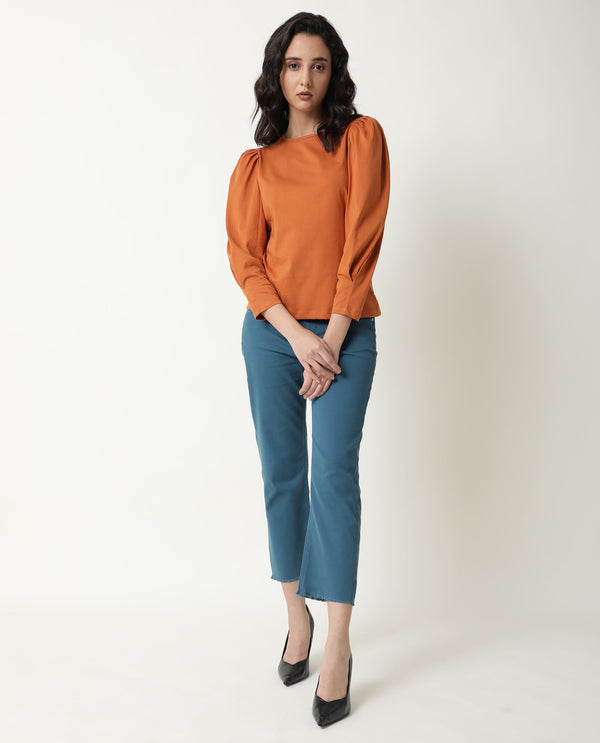 Rareism Women Ballerina Orange Cotton Fabric Slim Fit Knee Length Boat Neck 3/4Th Sleeves Solid Top