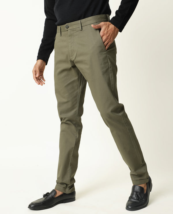 Rare Rabbit Men's Jacob Dark Olive Cotton Polyester Fabric Mid-Rise Regular Fit Twill Trouser