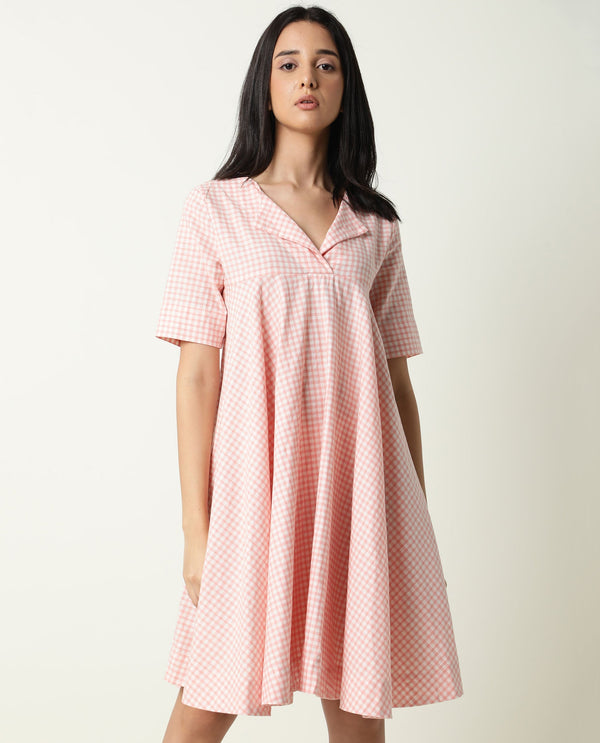 Rareism Women Paris Yellow Gingham Checks Overlap Lapel Collar Half Sleeves Mini Dress