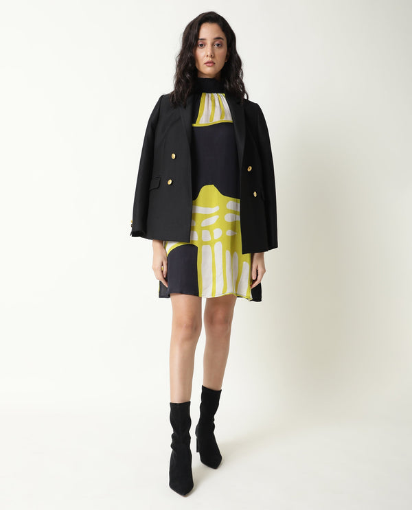 Rareism Women Jolene Black Abstract Print Smocked Neck Full Sleeves With Pockets Mini Dress