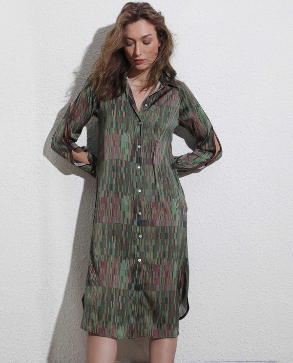 Rareism Women Reign Dark Olive Cotton Fabric Full Sleeves Shirt Collar Geometric Print Maxi Dress