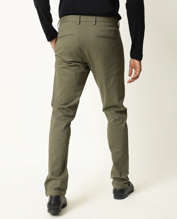 Rare Rabbit Men's Jacob Dark Olive Cotton Polyester Fabric Mid-Rise Regular Fit Twill Trouser