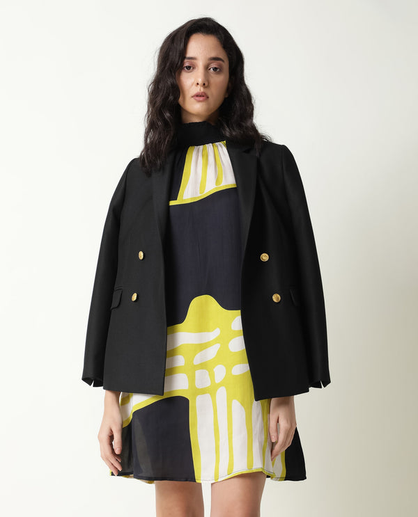 Rareism Women Jolene Black Abstract Print Smocked Neck Full Sleeves With Pockets Mini Dress