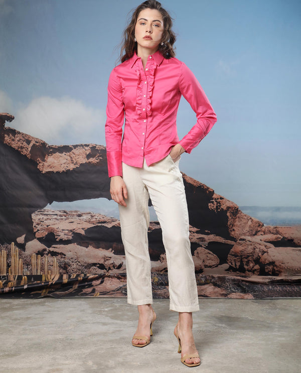 Rareism Women Aubrey Light Pink Cotton Fabric Regular Fit Shirt Collar Full Sleeves Solid Top