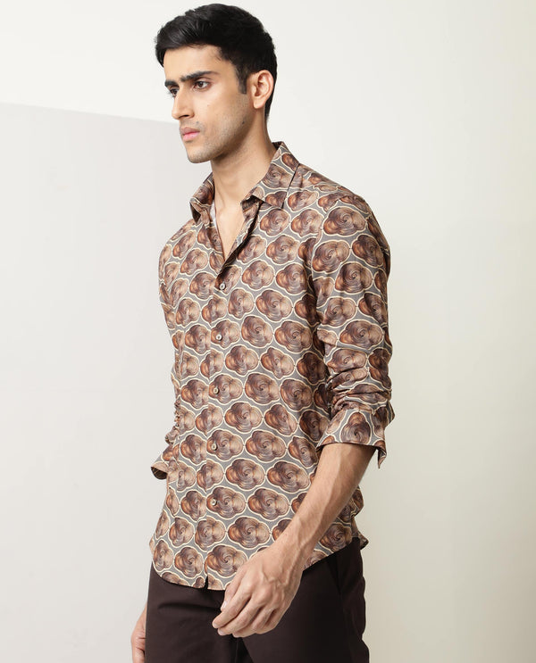 Rare Rabbit Men's Tymon LS Grey Viscose Fabric Full Sleeves Regular Fit Geometric Print Shirt