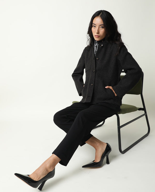 Rareism Women Comico Black Polyester Fabric Full Sleeves Solid Mandarin Collar Jacket