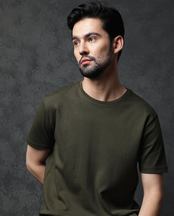 Rare Rabbit Men's Gis Olive Cotton Fabric Crew Neck Half Sleeves Regular Fit Solid T-Shirt