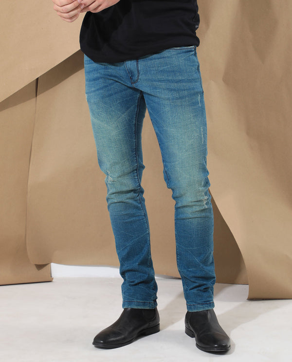 Rare Rabbit Men's Sator Light Blue Mid Wash Mid-Rise Distressed Slim Fit Jeans