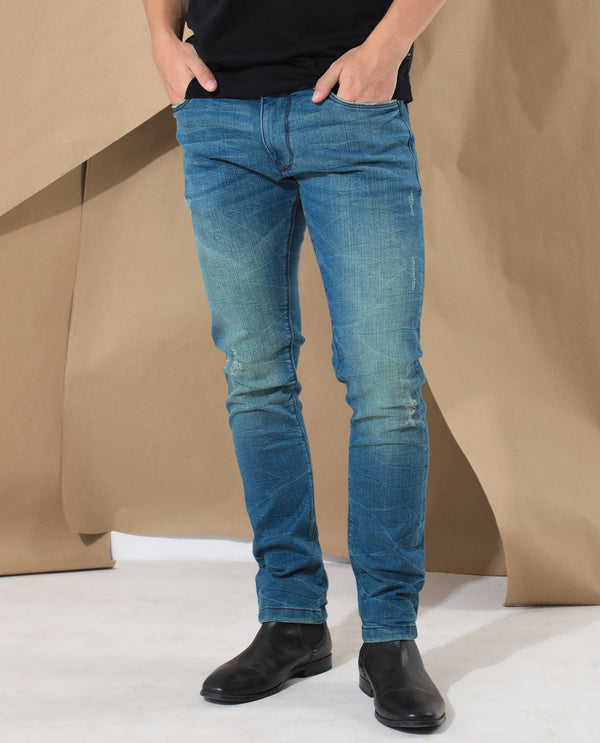 Rare Rabbit Men's Sator Light Blue Mid Wash Mid-Rise Distressed Slim Fit Jeans