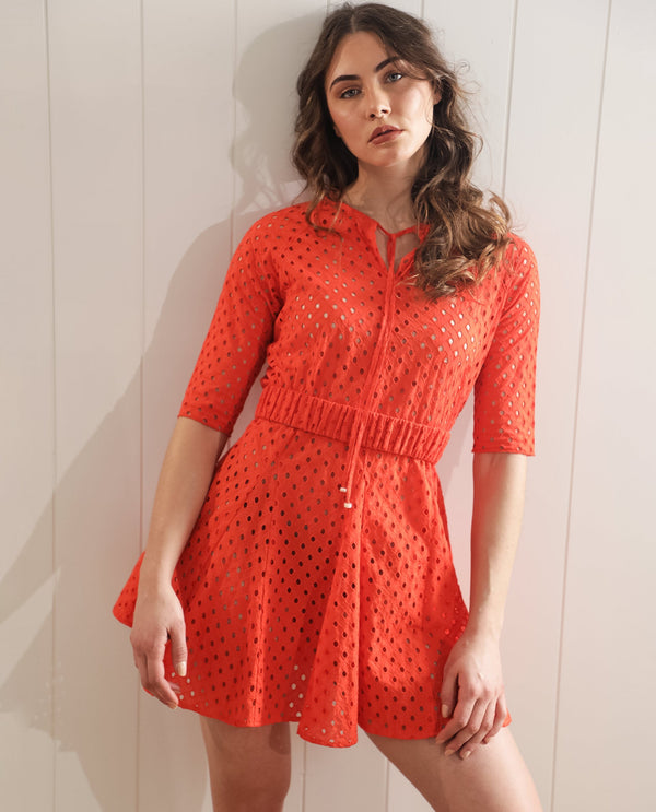 Rareism Women Bex Fluorescent Orange Cotton Fabric Short Sleeves Tie-Up Neck Regular Fit Schiffili Knee Length Empire Dress