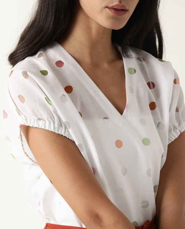 Rareism Womens Misan White Top Polycotton Fabric Regular Fit Extended Sleeves V Neck