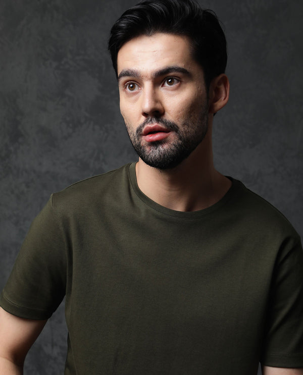 Rare Rabbit Men's Gis Olive Cotton Fabric Crew Neck Half Sleeves Regular Fit Solid T-Shirt