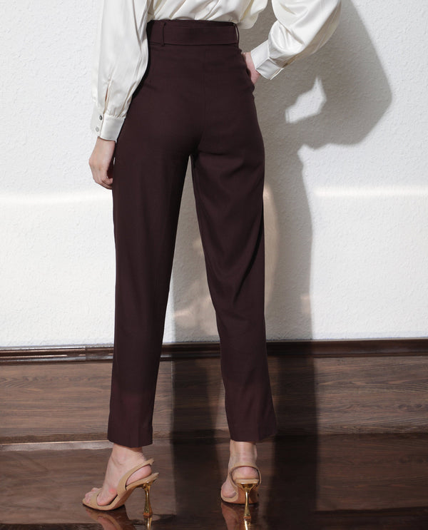 Rareism Women Rachel Dark Brown Poly Viscose Fabric Tailored Fit High Rise Solid Ankle Length Trousers