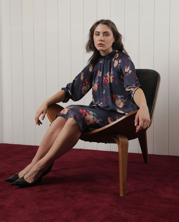 Rareism Women Clem Navy Polyester Fabric 3/4Th Sleeves High Neck Volume Sleeve Relaxed Fit Floral Print Knee Length Boxy Dress