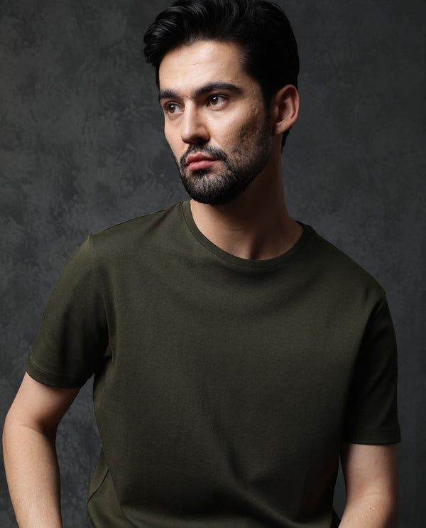 Rare Rabbit Men's Gis Olive Cotton Fabric Crew Neck Half Sleeves Regular Fit Solid T-Shirt