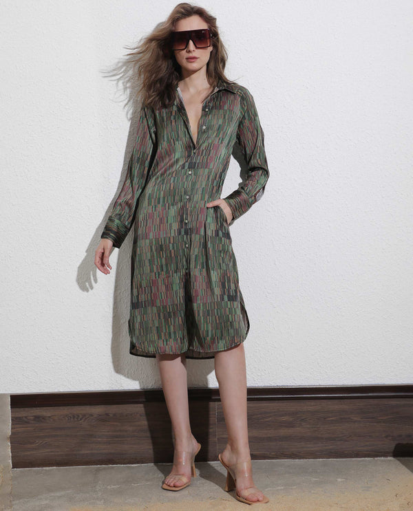 Rareism Women Reign Dark Olive Cotton Fabric Full Sleeves Shirt Collar Geometric Print Maxi Dress