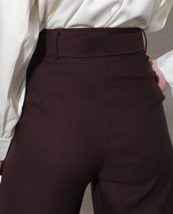 Rareism Women Rachel Dark Brown Poly Viscose Fabric Tailored Fit High Rise Solid Ankle Length Trousers