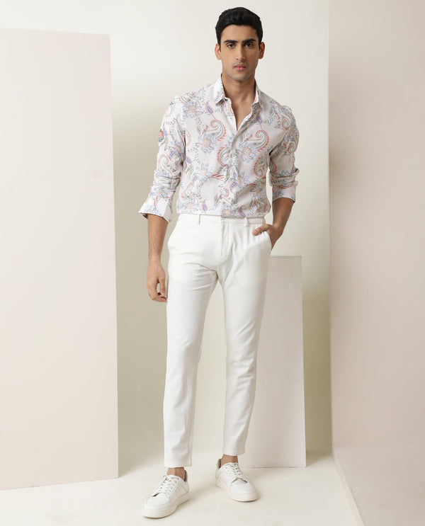 Rare Rabbit Men's Cecilia Off White Rayon Linen Fabric Full Sleeves Paisley Print Shirt
