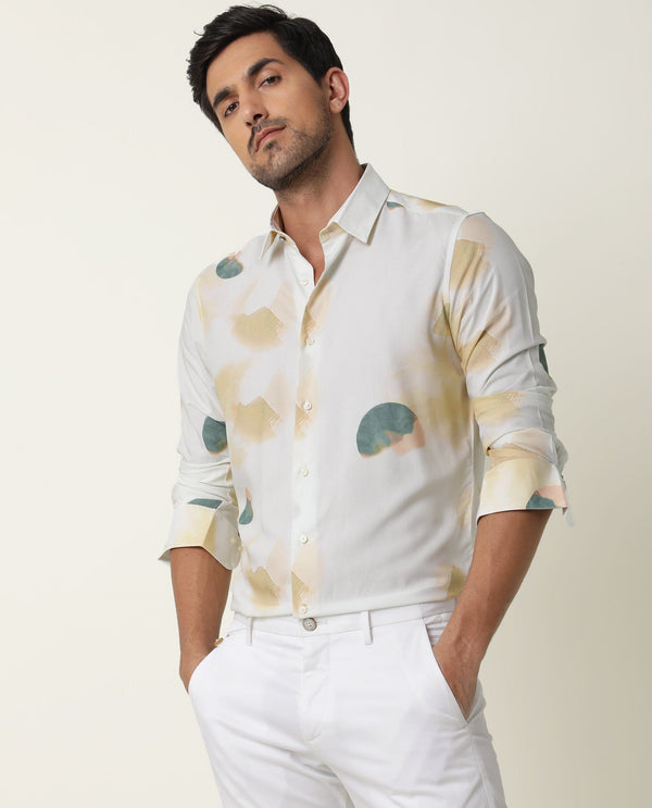 Rare Rabbit Men's Cedar Green Viscose Fabric Abstract Print Full Sleeves Shirt