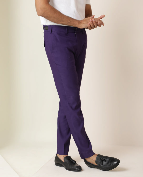 Rare Rabbit Men's Glade Purple Viscose Fabric Solid Mid-Rise Regular Fit Trouser