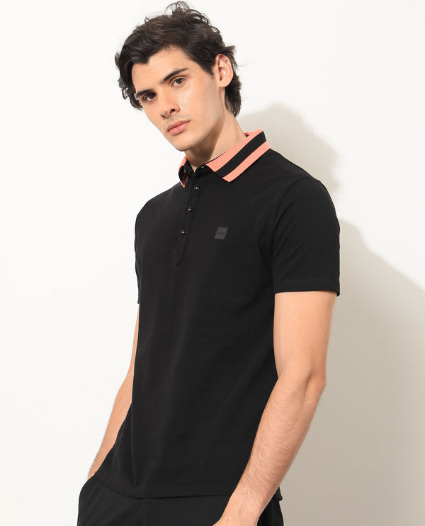 Rare Rabbit Men's Divide Black Cotton Fabric Striped Collar Half Sleeves Polo T-Shirt