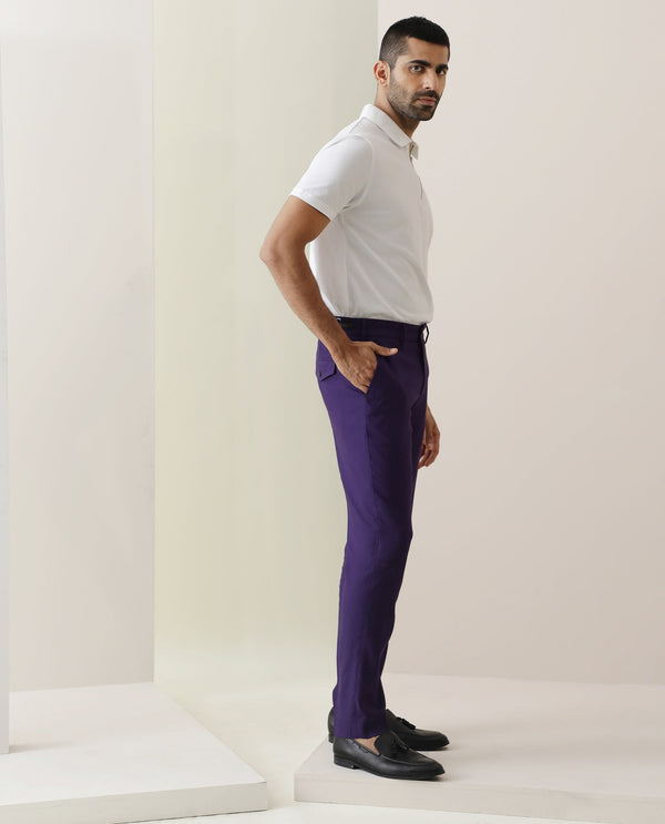 Rare Rabbit Men's Glade Purple Viscose Fabric Solid Mid-Rise Regular Fit Trouser