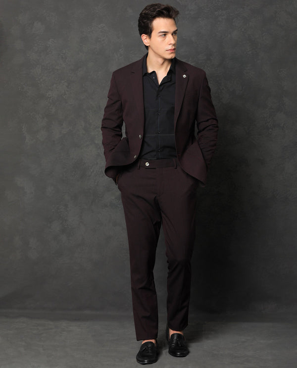 Rare Rabbit Men's Zanza Maroon Polyester Viscose Fabric Notch Lapel Button Closure Single Breasted Textured Suits