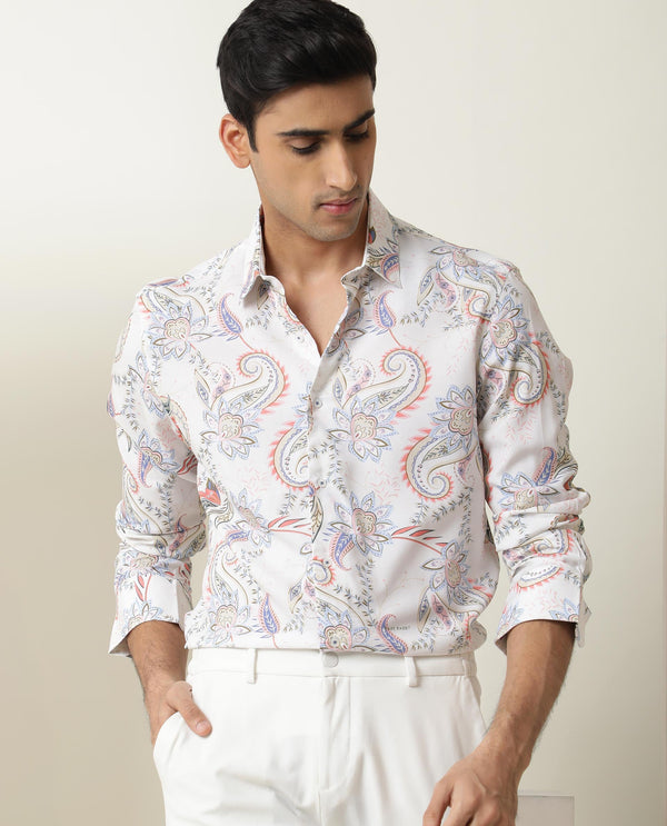 Rare Rabbit Men's Cecilia Off White Rayon Linen Fabric Full Sleeves Paisley Print Shirt