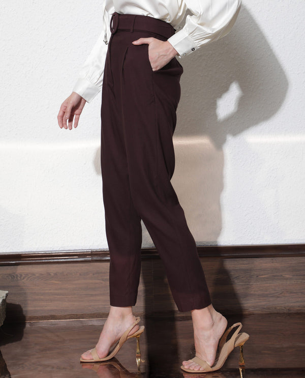 Rareism Women Rachel Dark Brown Poly Viscose Fabric Tailored Fit High Rise Solid Ankle Length Trousers