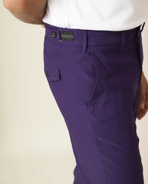 Rare Rabbit Men's Glade Purple Viscose Fabric Solid Mid-Rise Regular Fit Trouser