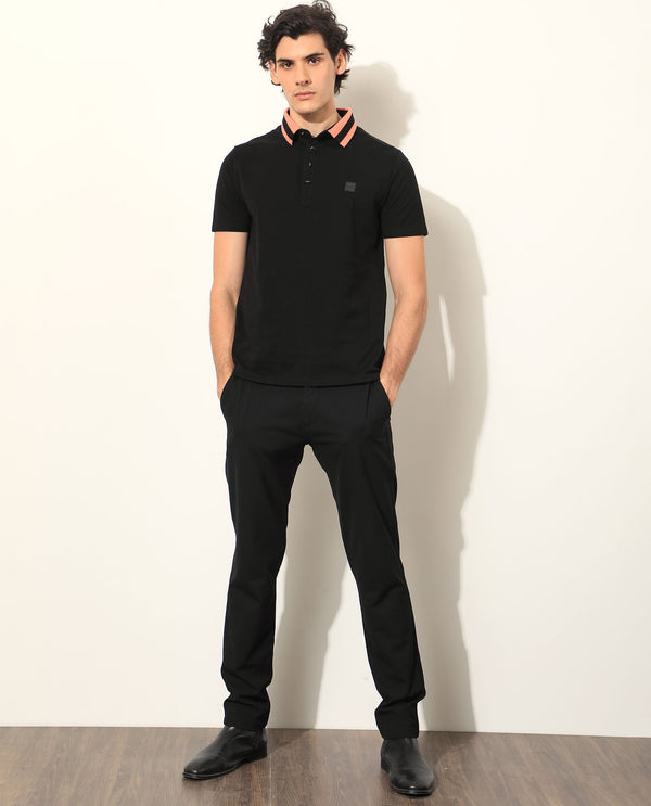 Rare Rabbit Men's Divide Black Cotton Fabric Striped Collar Half Sleeves Polo T-Shirt