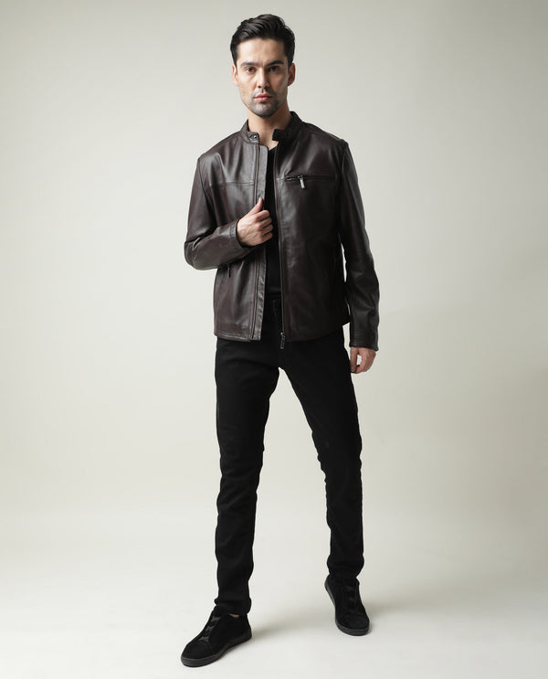 RARE RABBIT MEN'S DREDER BROWN JACKET LEATHER FABRIC BROAD COLLAR NECK FULL SLEEVES ZIPPER CLOSURE SLIM FIT